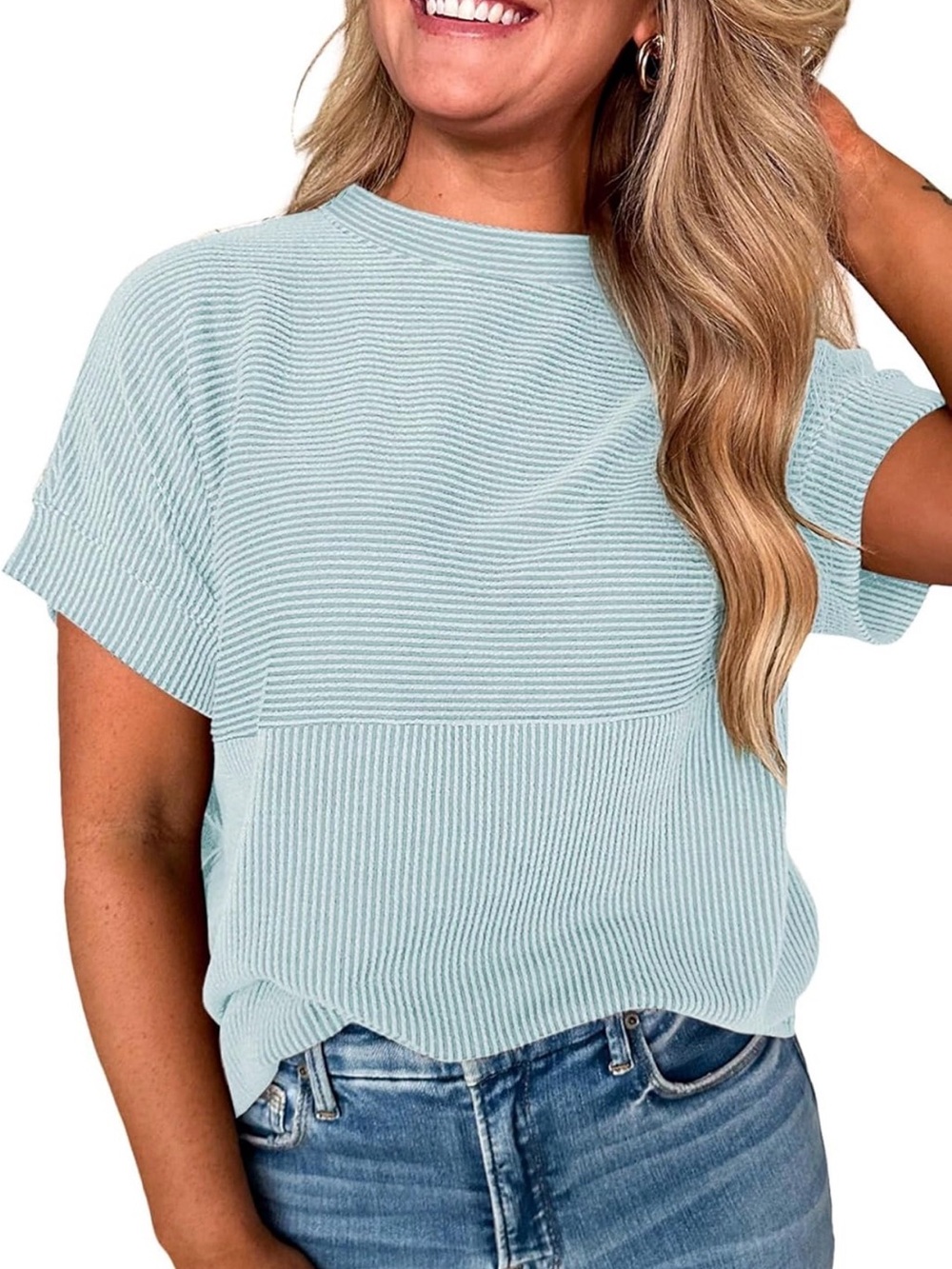 EVALESS Ribbed Striped Tee Sage Green Sz XL NWT